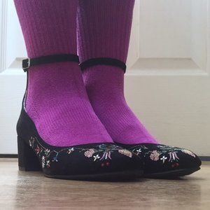 Black velvet, colorful ethnic embroidery, low chunky heel shoes with ankle strap